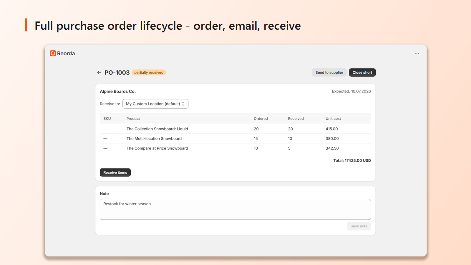 Reorda Shopify App - Purchase orders