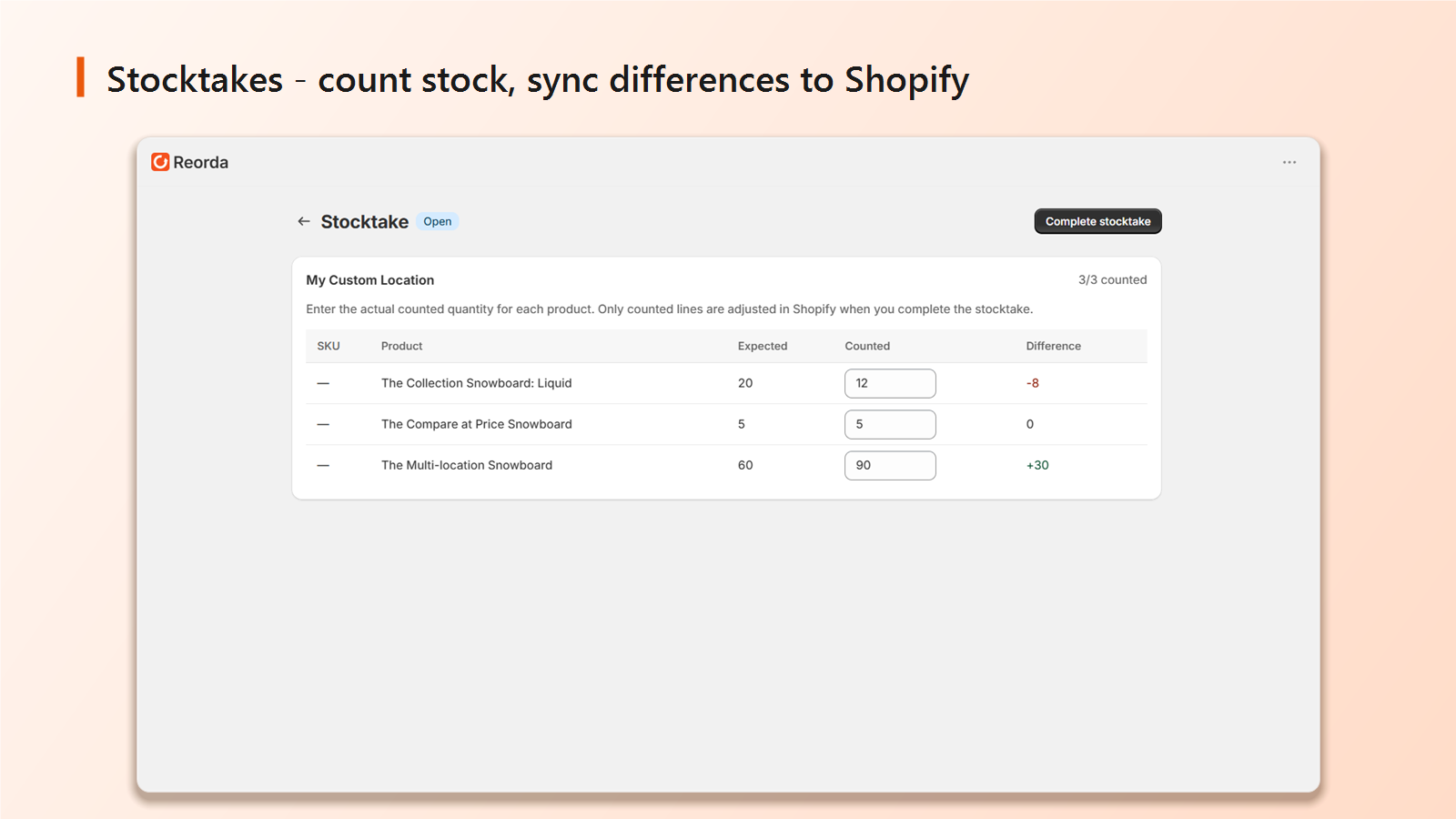 Reorda Shopify App - Stocktakes